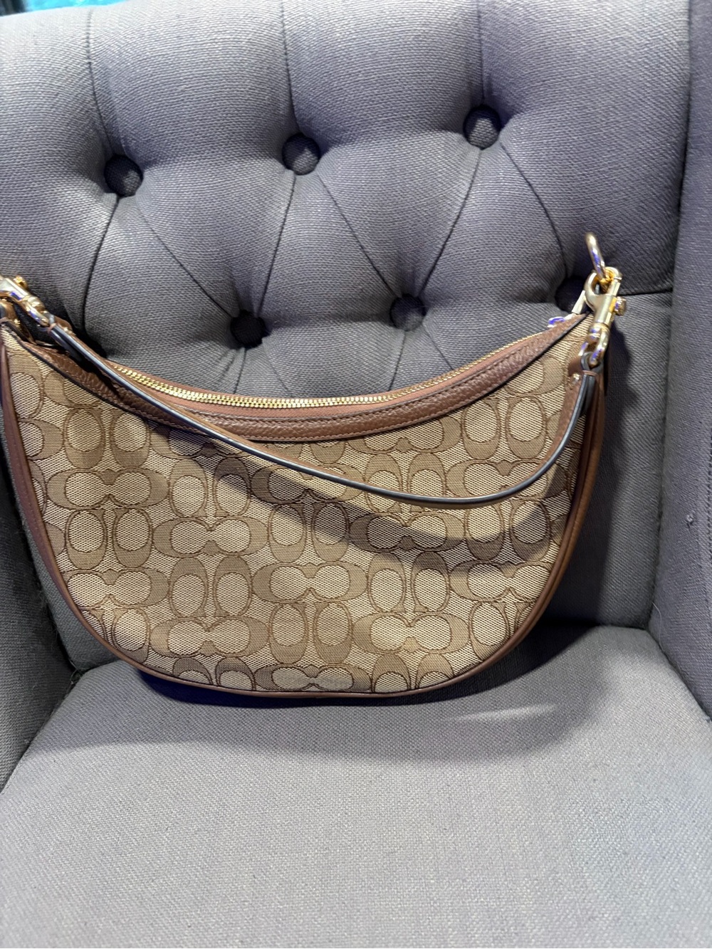 Coach Khaki Signature Crescent Shoulder Bag with Brown Trim - Picture 4 of 6